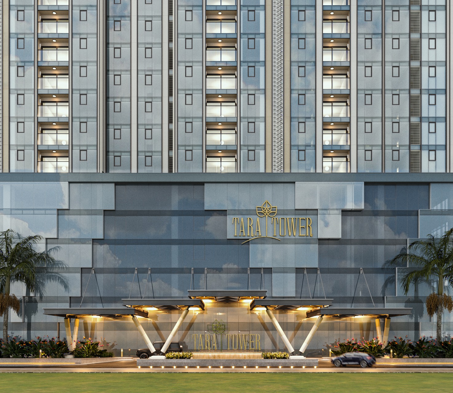 Mặt tiền Tara Tower với sảnh đón mái vòm chữ V