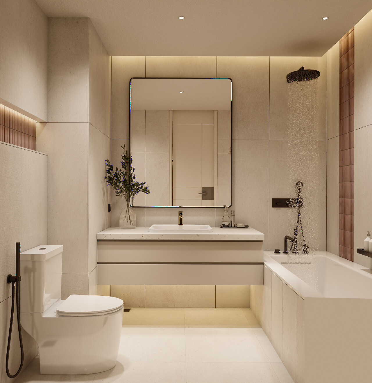 Phòng tắm căn hộ với bồn tắm và sen mưa
