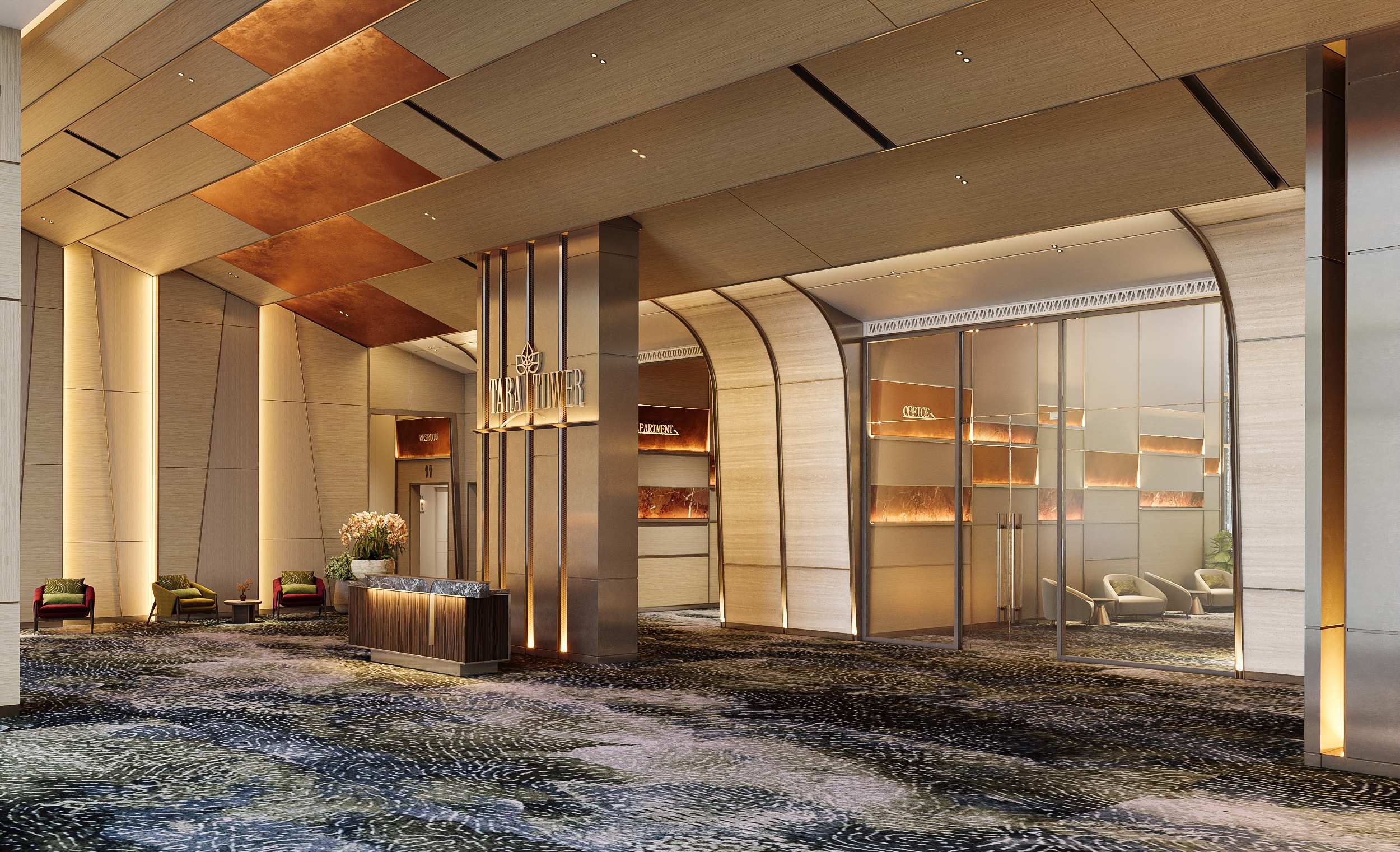 Sảnh chính Tara Tower với trần gỗ và quầy lễ tân