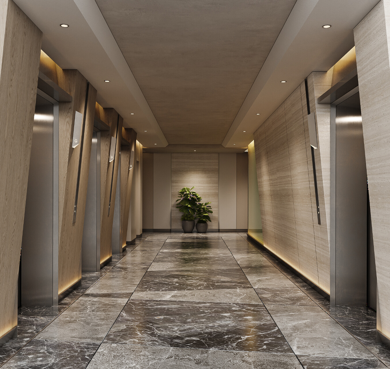 Sảnh thang máy lát đá marble